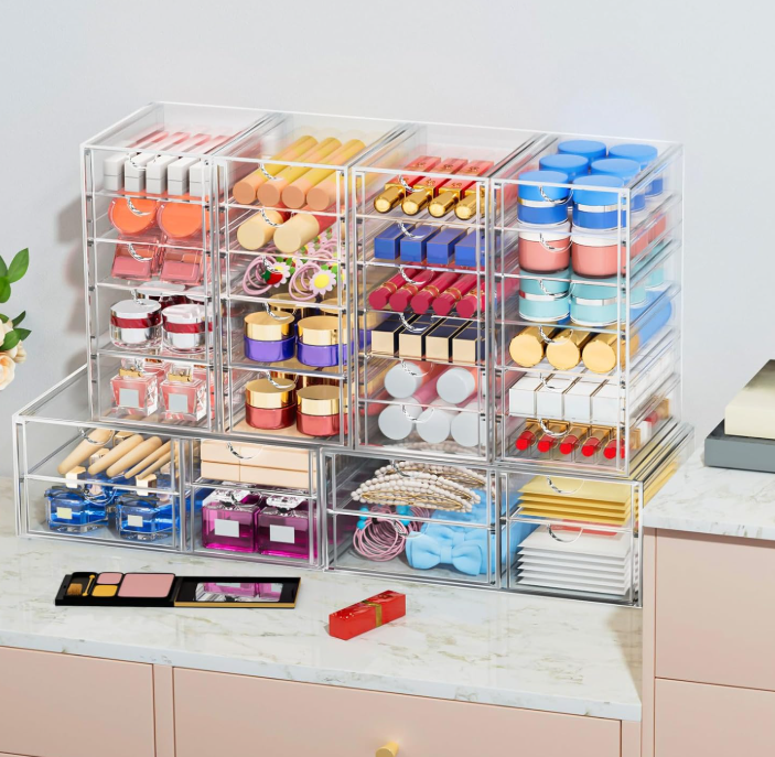 Clear Desktop Organizer with Multiple Drawers, Plastic Storage Cabinet for Office Supplies, Cosmetics and Bathroom Accessories