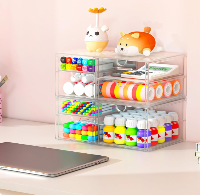 Clear Desktop Organizer with Multiple Drawers, Plastic Storage Cabinet for Office Supplies, Cosmetics and Bathroom Accessories