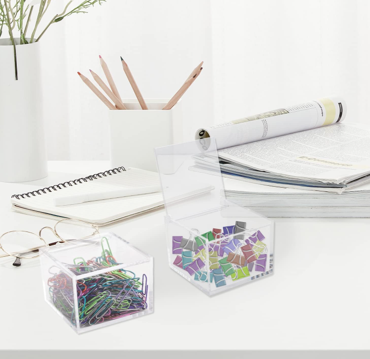 Clear Acrylic Storage Box with Lid, Small Desktop Organizer for Cotton Swabs, Hair Ties, Paper Clips and Office Supplies