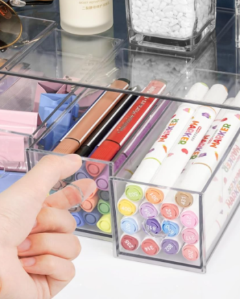 Clear Desktop Organizer with 4 Drawers, Stackable Storage Box for Sunglasses, Stationery, Office Supplies and Accessories