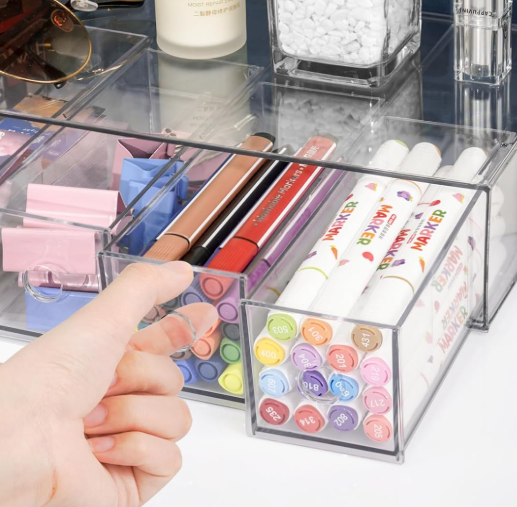Clear Desktop Organizer with 4 Drawers, Stackable Storage Box for Sunglasses, Stationery, Office Supplies and Accessories