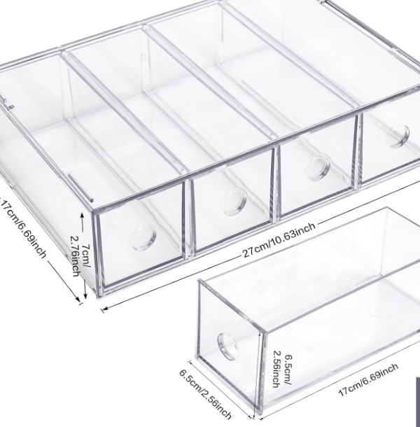 Clear Desktop Organizer with 4 Drawers, Stackable Storage Box for Sunglasses, Stationery, Office Supplies and Accessories