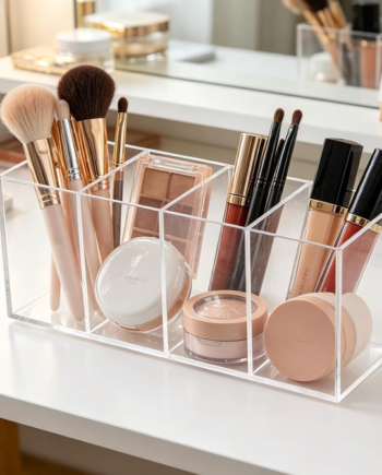 Clear Acrylic Pen Holder with 4 Compartments, Large Capacity Desktop Organizer for Makeup Brushes, Pens, Markers and Office Supplies