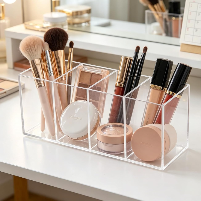 Clear Acrylic Pen Holder with 4 Compartments, Large Capacity Desktop Organizer for Makeup Brushes, Pens, Markers and Office Supplies
