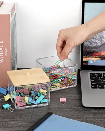 Clear Acrylic Paper Clip Holder with Bamboo Lid, Stackable Desktop Storage Box for Office Supplies, Cotton Swabs and Small Accessories