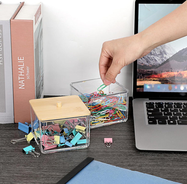 Clear Acrylic Paper Clip Holder with Bamboo Lid, Stackable Desktop Storage Box for Office Supplies, Cotton Swabs and Small Accessories