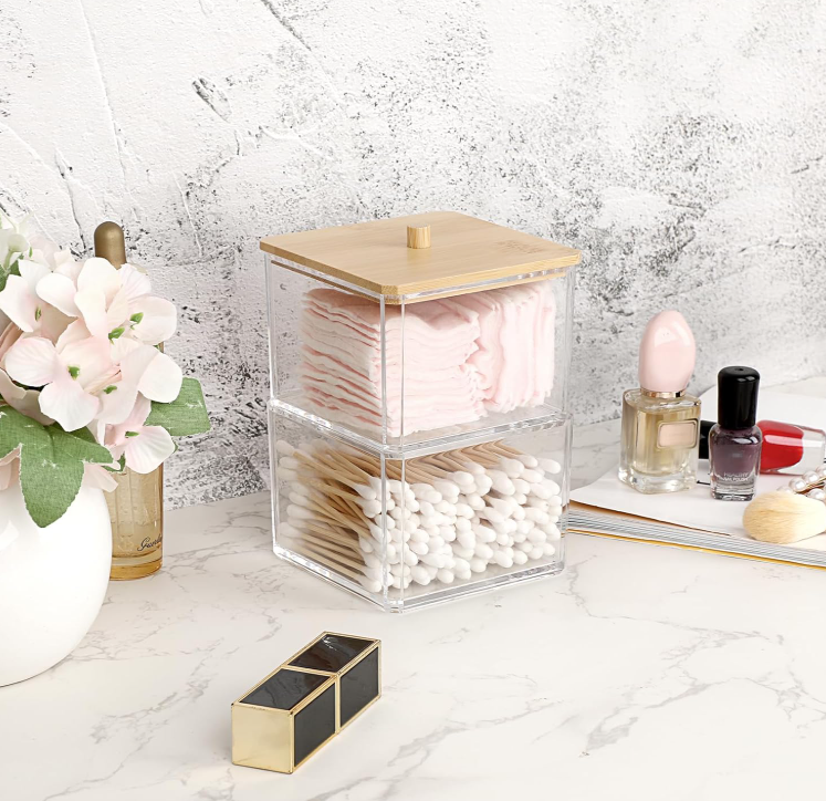 Clear Acrylic Paper Clip Holder with Bamboo Lid, Stackable Desktop Storage Box for Office Supplies, Cotton Swabs and Small Accessories