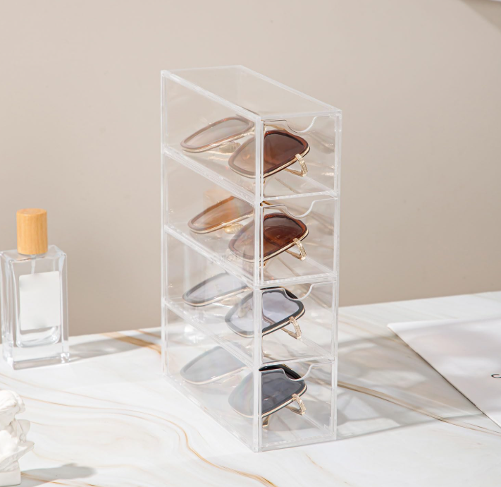 Clear Acrylic Sunglasses Organizer with 4 Drawers, Eyeglasses Storage Case for Makeup, Jewelry and Desktop Organization