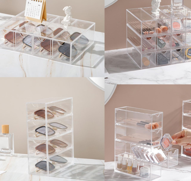 Clear Acrylic Sunglasses Organizer with 4 Drawers, Eyeglasses Storage Case for Makeup, Jewelry and Desktop Organization