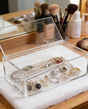 Clear Acrylic Storage Box with Hinged Lid, Small Organizer for Jewelry, Makeup, Crafts, Cotton Balls and Office Supplies