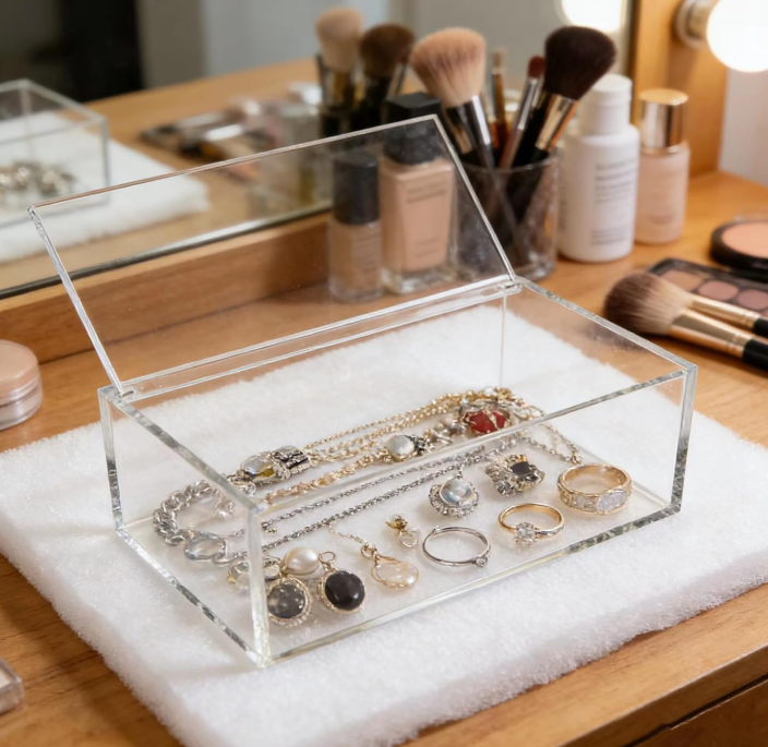 Clear Acrylic Storage Box with Hinged Lid, Small Organizer for Jewelry, Makeup, Crafts, Cotton Balls and Office Supplies