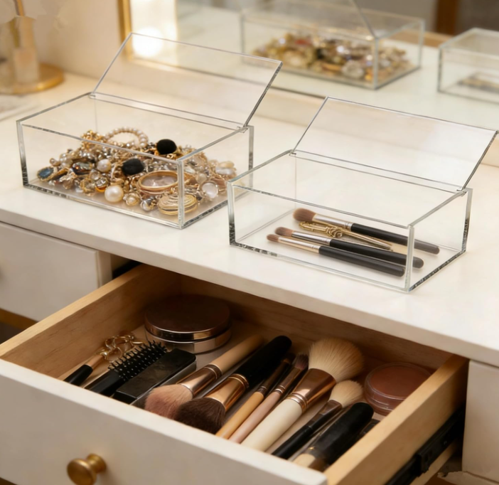 Clear Acrylic Storage Box with Hinged Lid, Small Organizer for Jewelry, Makeup, Crafts, Cotton Balls and Office Supplies