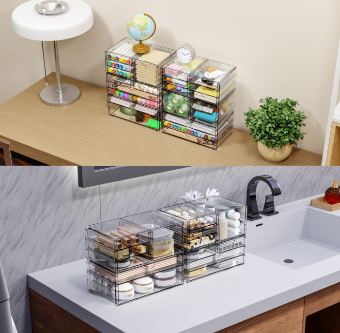 Clear Acrylic Storage Cabinet with Multiple Drawers, Stackable Desktop Organizer for Pens, Makeup, Art Supplies and Office Accessories