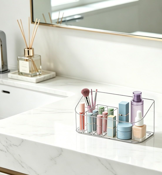 Clear Acrylic Makeup Organizer Tray with Multiple Compartments, Cosmetic Storage Holder for Vanity, Bathroom and Desktop