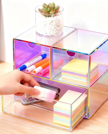 Iridescent Acrylic Desk Organizer with Storage Drawers, Desktop Makeup and Office Supply Storage Box for Vanity and Workspace