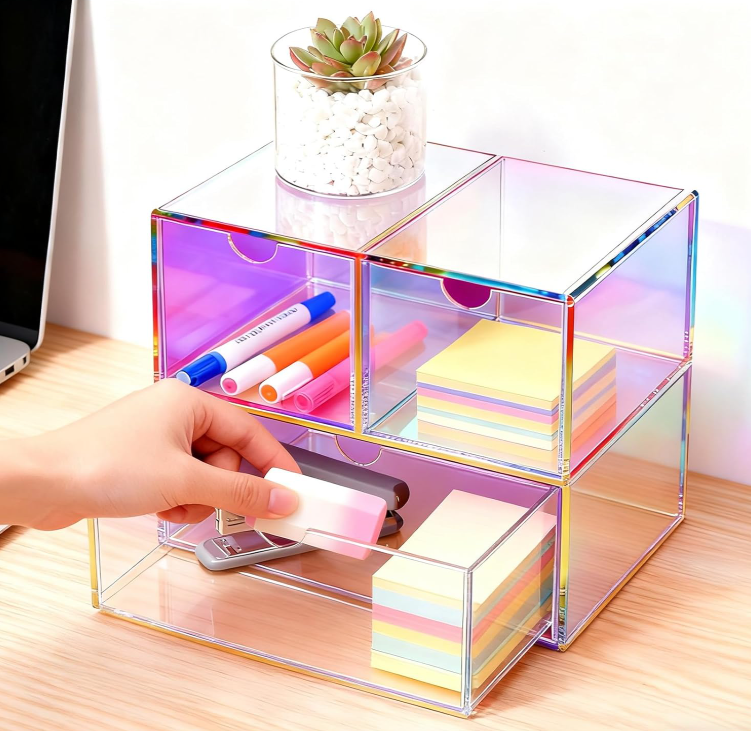 Iridescent Acrylic Desk Organizer with Storage Drawers, Desktop Makeup and Office Supply Storage Box for Vanity and Workspace