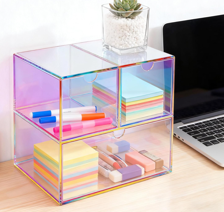 Iridescent Acrylic Desk Organizer with Storage Drawers, Desktop Makeup and Office Supply Storage Box for Vanity and Workspace