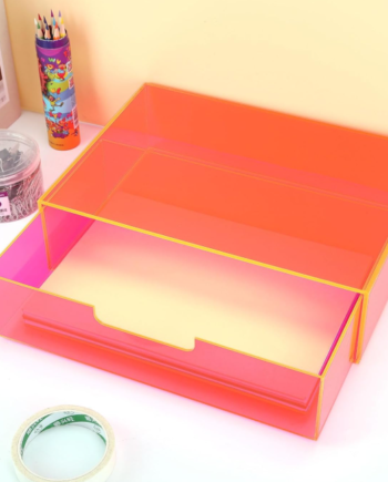 Neon Pink Acrylic Desktop Organizer with Drawer, Stackable Storage Box for Makeup, Cosmetics and Office Supplies