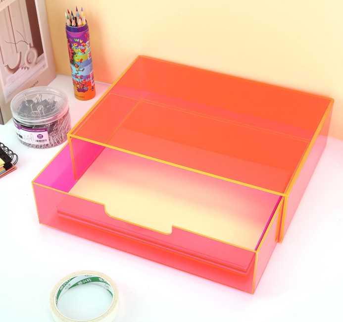 Neon Pink Acrylic Desktop Organizer with Drawer, Stackable Storage Box for Makeup, Cosmetics and Office Supplies