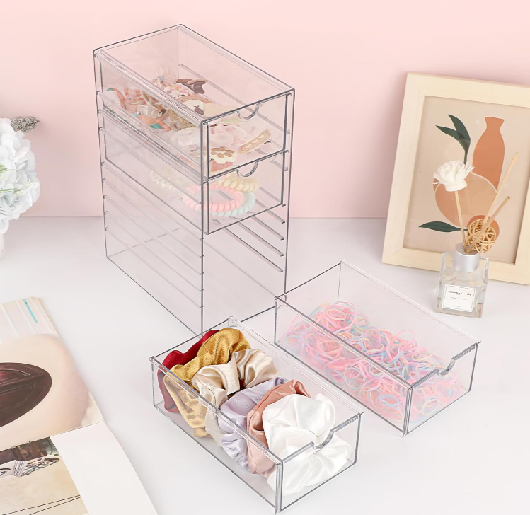 Clear Plastic Drawer Organizer with 4 Drawers, Desktop Storage Box for Hair Accessories, Bathroom Essentials, Office Supplies and Closet Organization