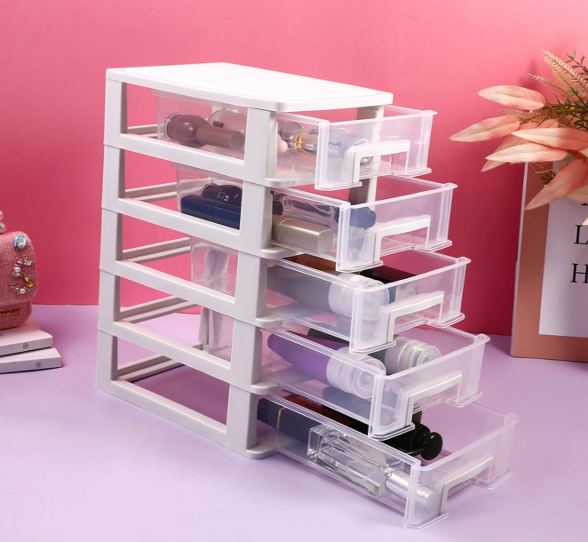 Clear Plastic Desktop Storage Cabinet with 5 Drawers, Portable Organizer for Stationery, Office Supplies and Craft Storage