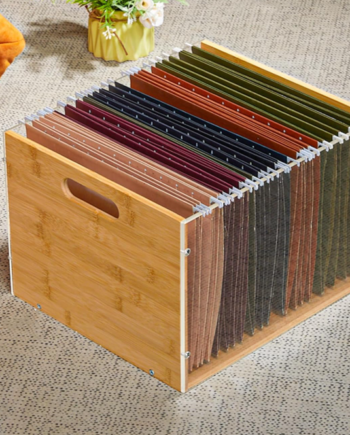 Acrylic Hanging File Organizer with Bamboo Frame, Desktop File Storage Box for Letter Size Folders and Office Documents