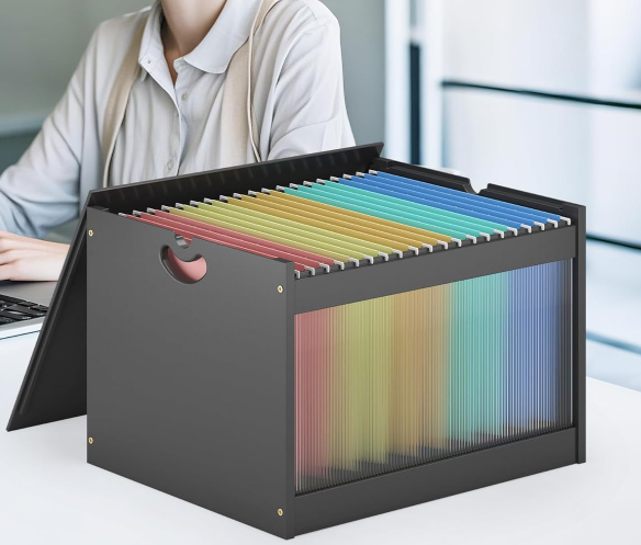 Bamboo Acrylic Hanging File Storage Box with Lid, Desktop File Organizer for Letter Size Documents and Office Filing