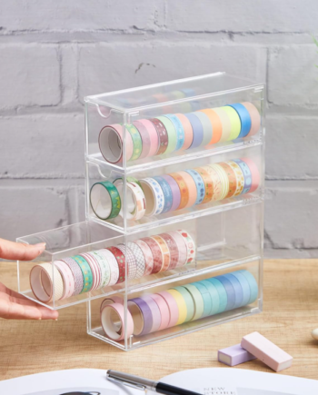 Clear Acrylic Washi Tape Organizer with Sliding Drawers, Desktop Storage Box for Tape Rolls, Stickers, Scrapbooking and Craft Supplies