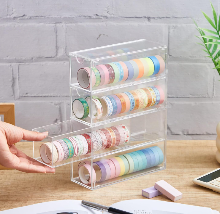 Clear Acrylic Washi Tape Organizer with Sliding Drawers, Desktop Storage Box for Tape Rolls, Stickers, Scrapbooking and Craft Supplies