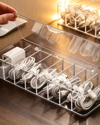 Desktop Cable Organizer Box with Compartments, Cord Management Storage Case for Cables, Chargers and Small Accessories