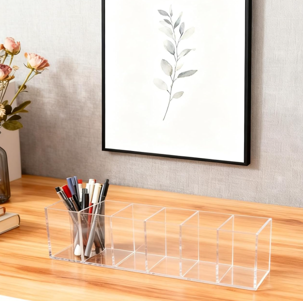 Clear Acrylic Pencil Holder with 6 Compartments, Desktop Organizer for Pens, Makeup Brushes, Stationery and Office Supplies