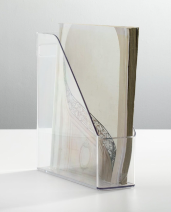 Clear plastic upright file holder with handle – desktop organizer for magazines, notebooks, binders, and office supplies