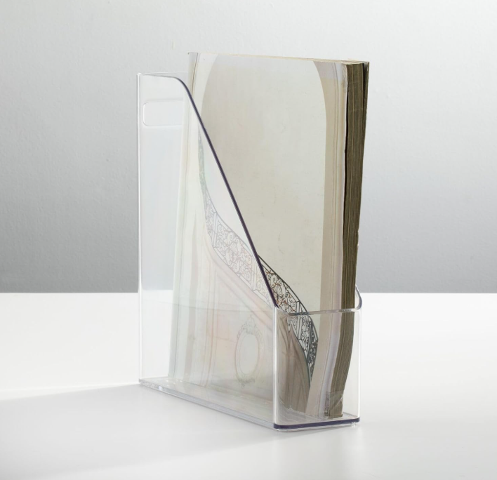 Clear plastic upright file holder with handle – desktop organizer for magazines, notebooks, binders, and office supplies
