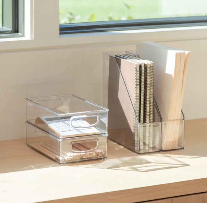 Clear plastic upright file holder with handle – desktop organizer for magazines, notebooks, binders, and office supplies