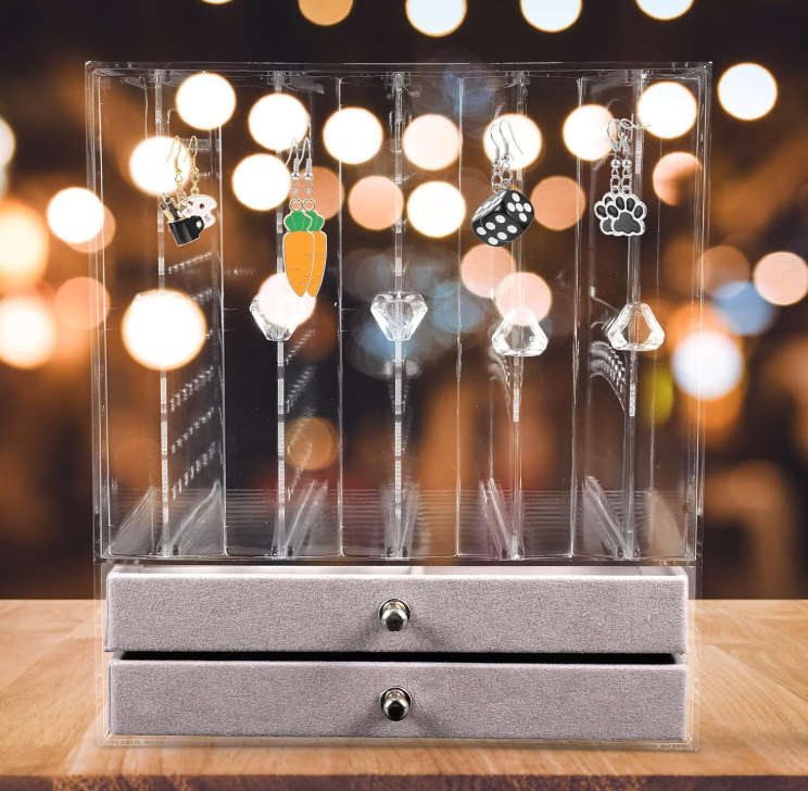 Two-tier clear acrylic jewelry organizer with drawers – desktop storage box for earrings, necklaces, rings, and accessories