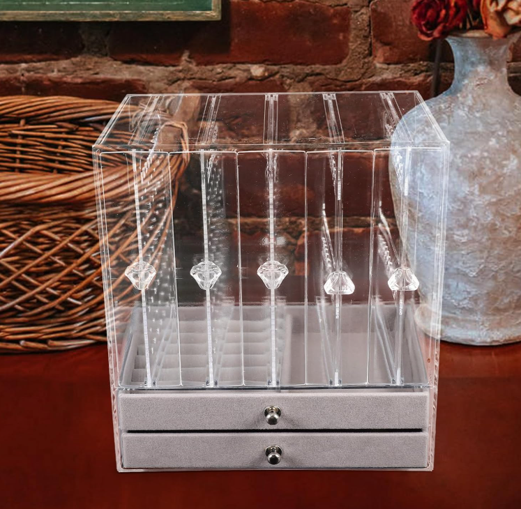 Two-tier clear acrylic jewelry organizer with drawers – desktop storage box for earrings, necklaces, rings, and accessories