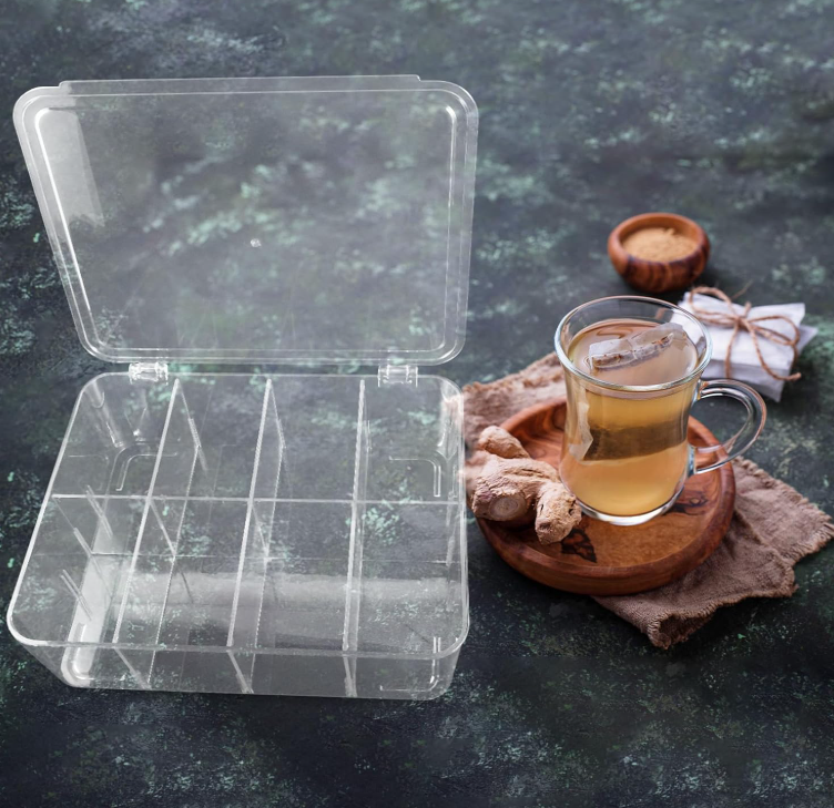 Clear Acrylic Tea Bag Organizer Box with Lid, Multi-Compartment Storage Container for Tea Bags, Coffee Packets and Kitchen Organization