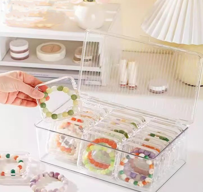 Clear Acrylic Jewelry Organizer Box with Flip Lid, Dustproof Desktop Storage Case with Individual Bracelet Compartments