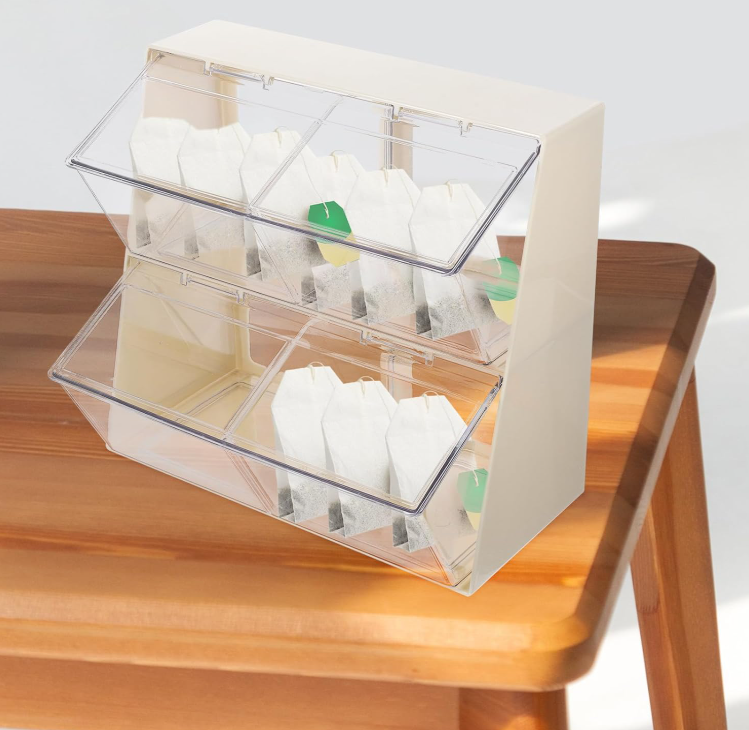 Acrylic Tea Bag Storage Organizer with Lid, Multi-Compartment Desktop Storage Box for Tea, Coffee Capsules and Small Accessories