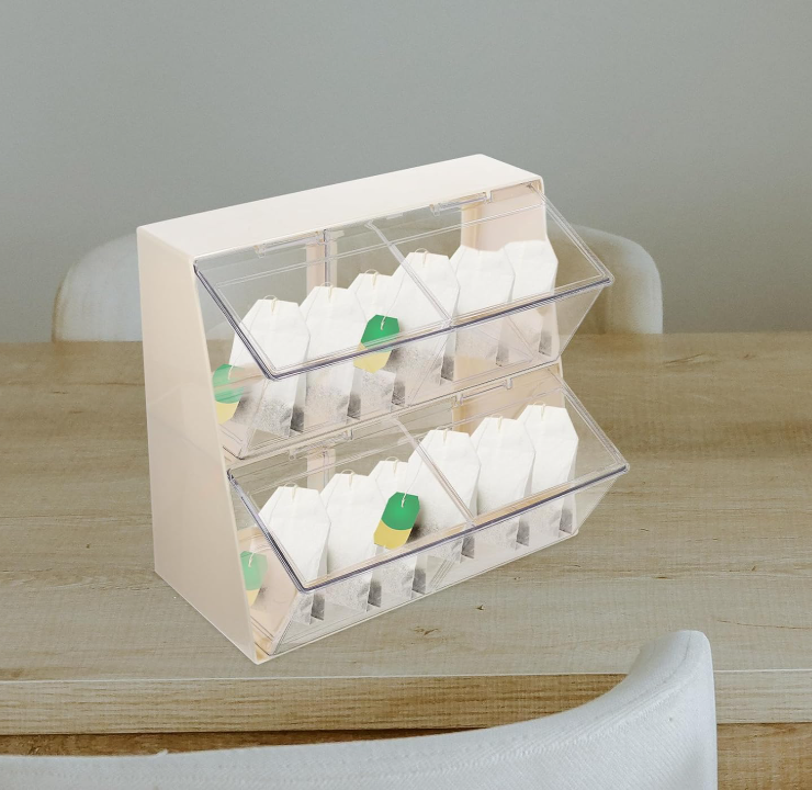 Acrylic Tea Bag Storage Organizer with Lid, Multi-Compartment Desktop Storage Box for Tea, Coffee Capsules and Small Accessories