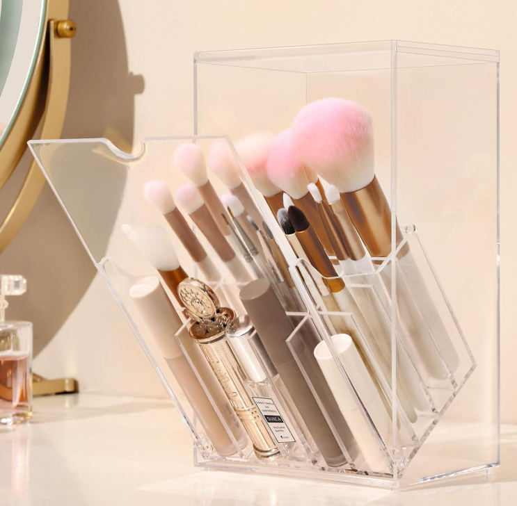 Clear Acrylic Makeup Brush Holder with Flip-Top Lid, Dustproof Cosmetic Brush Organizer with Multi-Slot Storage
