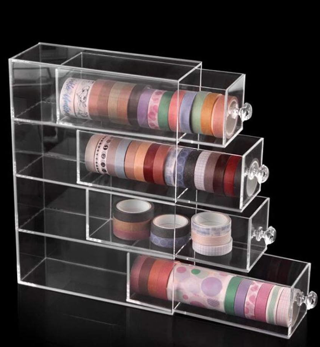 Clear Acrylic Washi Tape Organizer with 4 Drawers, Desktop Storage Box for Tape Rolls, Stickers, Pens and Craft Supplies