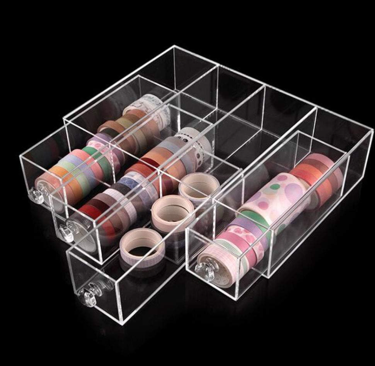 Clear Acrylic Washi Tape Organizer with 4 Drawers, Desktop Storage Box for Tape Rolls, Stickers, Pens and Craft Supplies