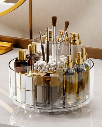 360° Rotating Clear Makeup Organizer, Acrylic Cosmetic Storage Tray with Multiple Compartments for Vanity and Bathroom
