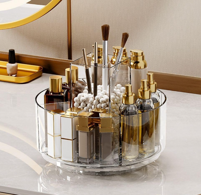 360° Rotating Clear Makeup Organizer, Acrylic Cosmetic Storage Tray with Multiple Compartments for Vanity and Bathroom