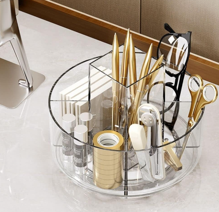 360° Rotating Clear Makeup Organizer, Acrylic Cosmetic Storage Tray with Multiple Compartments for Vanity and Bathroom